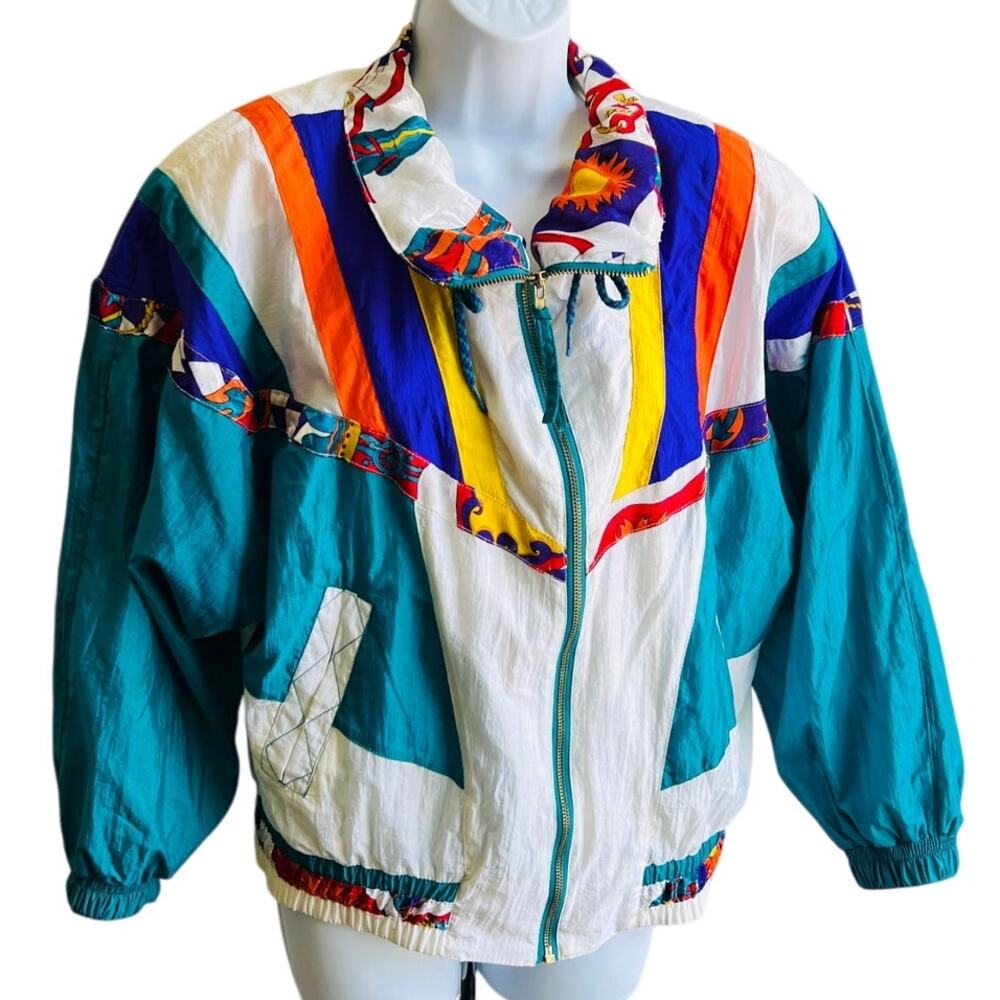 80s River Edge P M Colorblock Windbreaker Jacket Teal Retro Bold Fit Vintage